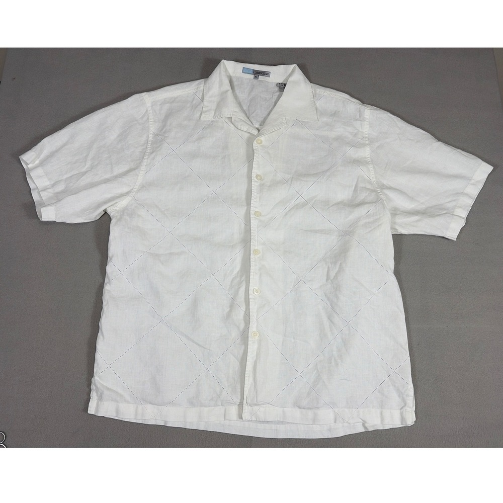 Lorenzino Mens XL White 100% Linen Short Sleeve Diamond Pointelle Camp Shirt